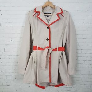 Tan Trench Coat Orange Trim Detachable Hood Pleats